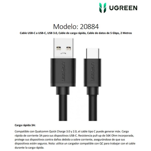 Cable USB-A a USB-C UGREEN 2 Metros, Carga Rápida 60W y Datos 5 Gbps