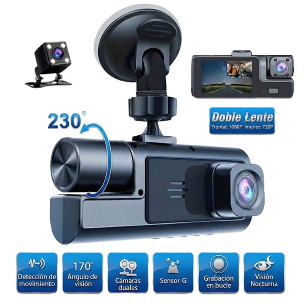 Dash Cam WiFi 3 Lentes Full HD Pantalla 2" y Visión Nocturna IR