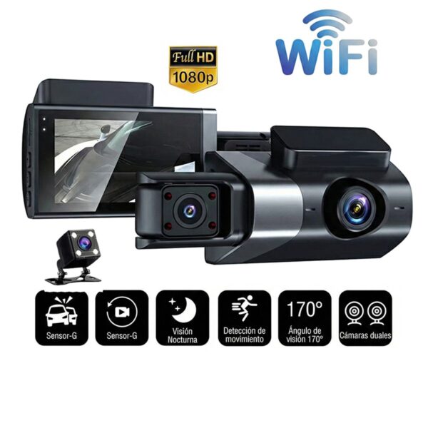 Dash Cam WiFi 3 Lentes Full HD Pantalla 3" y Visión Nocturna IR