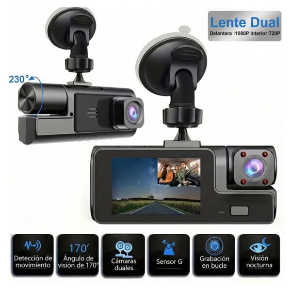 Dash Cam WiFi 3 Lentes Full HD Pantalla 2" y Visión Nocturna IR