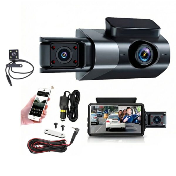 Dash Cam WiFi 3 Lentes Full HD Pantalla 3" y Visión Nocturna IR