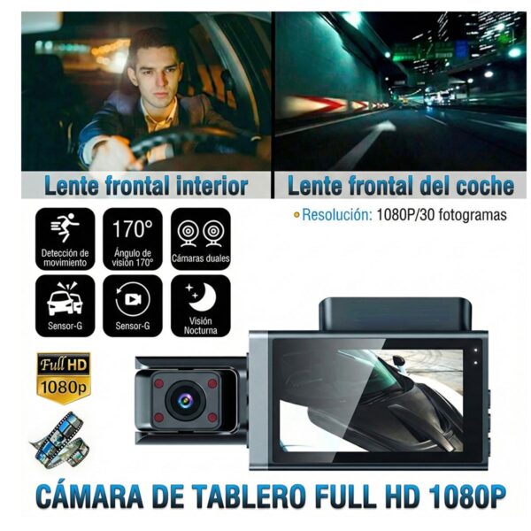 Dash Cam WiFi 3 Lentes Full HD Pantalla 3" y Visión Nocturna IR