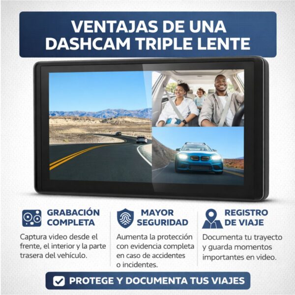 Dash Cam WiFi 3 Lentes Full HD Pantalla 3" y Visión Nocturna IR