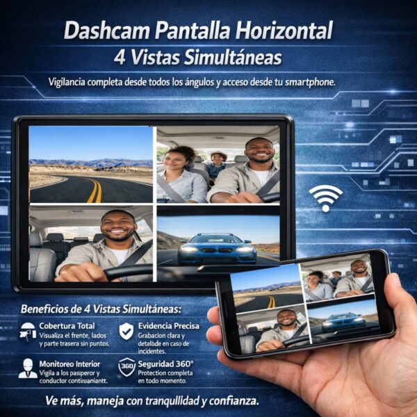 Dash Cam WiFi 4 Lentes 1080p con Pantalla  Protege tu viaje