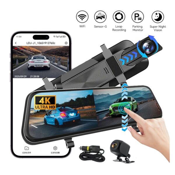 Dashcam Cámara Retrovisor 4K Mas Camara de Reversa Evidencia Clara y Conducción Segura