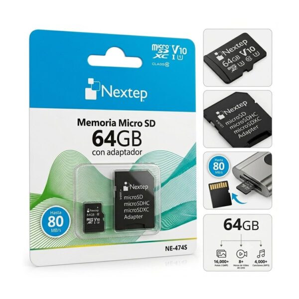 Nextep MicroSDXC 64GB Clase 10 Almacenamiento Rápido y Versátil en Todo Momento