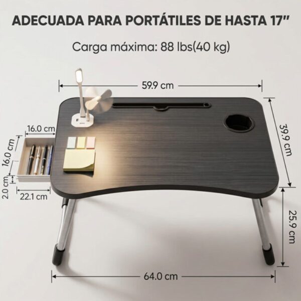 Mesa Plegable Laptop de hasta 17” con USB  Lámpara y Ventilador Trabaja Cómodo