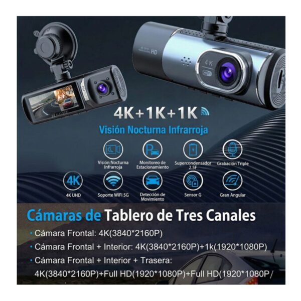 Dash Cam Camara 4K 3 Canales GPS + WiFi 5GHz Evidencia Total y Seguridad en Carretera