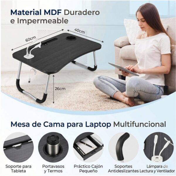 Mesa Plegable Laptop de hasta 17” con USB  Lámpara y Ventilador Trabaja Cómodo