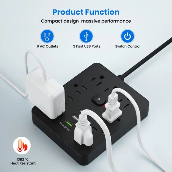 Multicontacto Transton 9 Tomas + 3 USB  Energía Segura y Conexión Práctica
