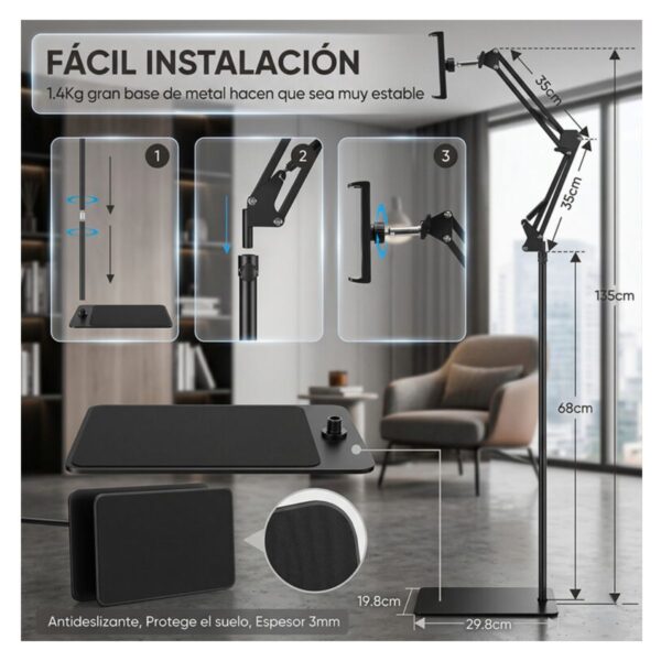 Soporte de Suelo Ajustable 360° para Tablet y Celular 135 cm Comodidad Total en Uso Diario