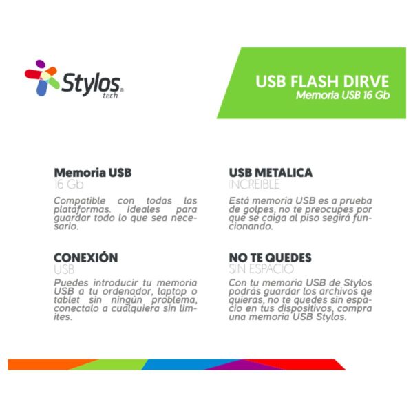 Memoria USB Stylos 16GB 2.0 Almacenamiento Portátil y Transferencia Confiable