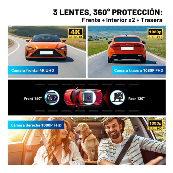 Dash Cam Camara 4K 3 Canales GPS + WiFi 5GHz Evidencia Total y Seguridad en Carretera