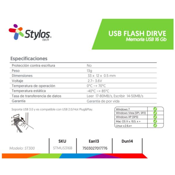 Memoria USB Stylos 16GB 2.0 Almacenamiento Portátil y Transferencia Confiable