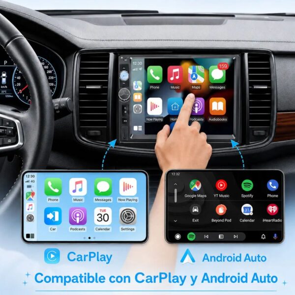 Autoestéreo Inalámbrico 7” Doble Din CarPlay y Android Auto Pantalla Touch Mandos al Volante