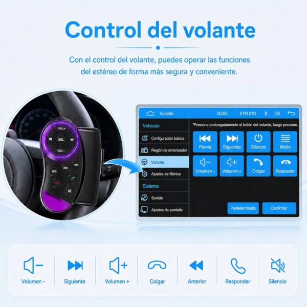 Autoestéreo Inalámbrico 7” Doble Din CarPlay y Android Auto Pantalla Touch Mandos al Volante