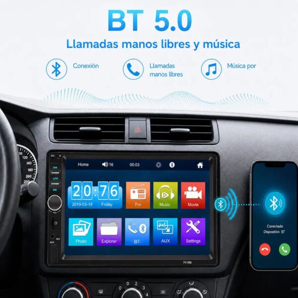 Autoestéreo Inalámbrico 7” Doble Din CarPlay y Android Auto Pantalla Touch Mandos al Volante