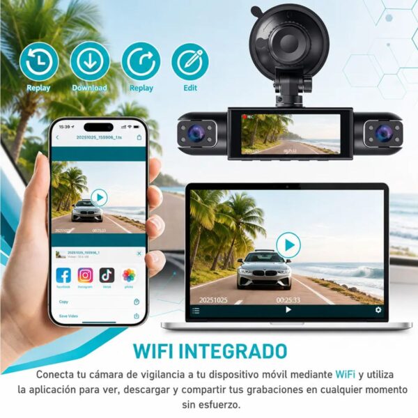 Dash Cam 4 Cámaras 1080P Full HD  Evidencia Total con WiFi y Modo Estacionamiento