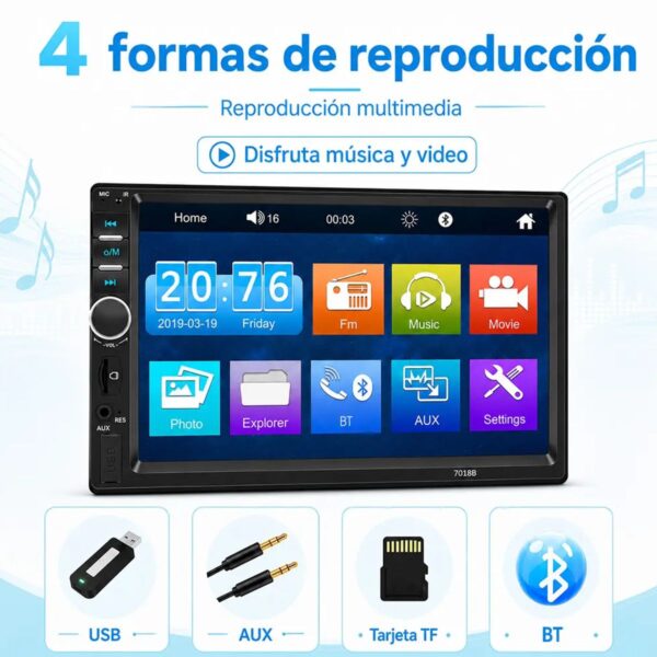 Autoestéreo Inalámbrico 7” Doble Din CarPlay y Android Auto Pantalla Touch Mandos al Volante