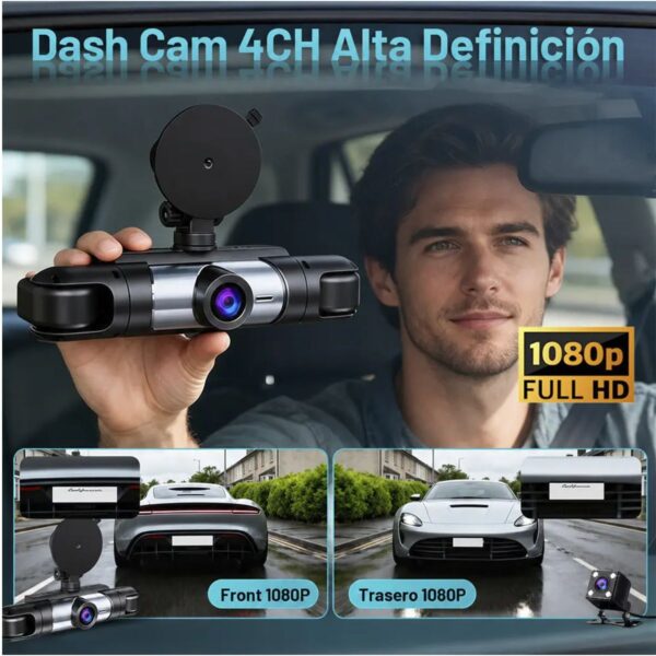 Dash Cam 4 Cámaras 1080P Full HD  Evidencia Total con WiFi y Modo Estacionamiento