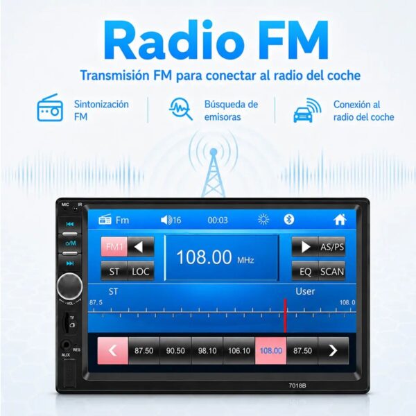 Autoestéreo Inalámbrico 7” Doble Din CarPlay y Android Auto Pantalla Touch Mandos al Volante
