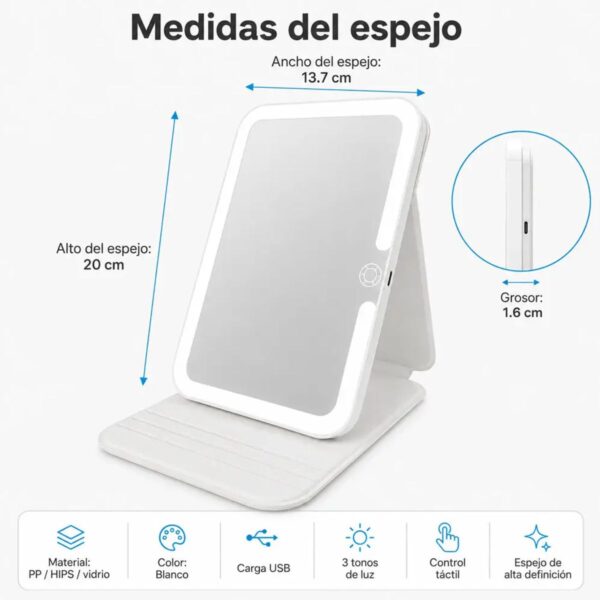 Espejo de Tocador Plegable con Iluminación LED de 3 Tonos de Luz y Ángulo Ajustable