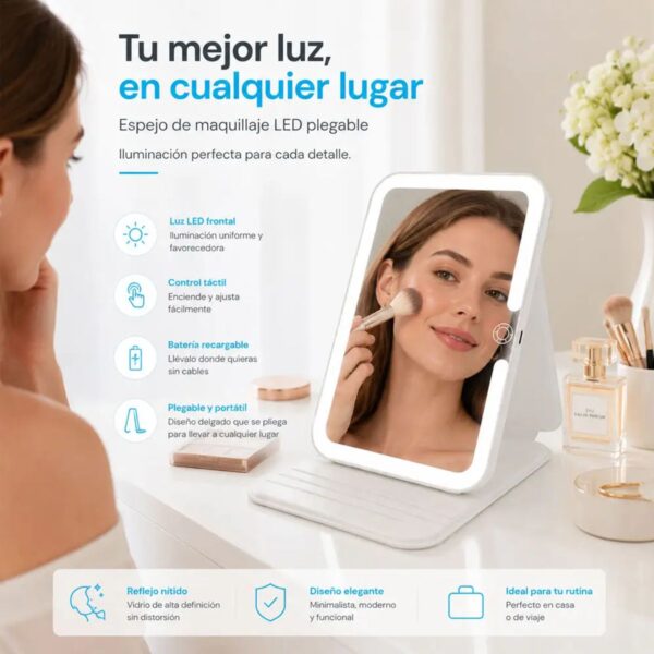Espejo de Tocador Plegable con Iluminación LED de 3 Tonos de Luz y Ángulo Ajustable