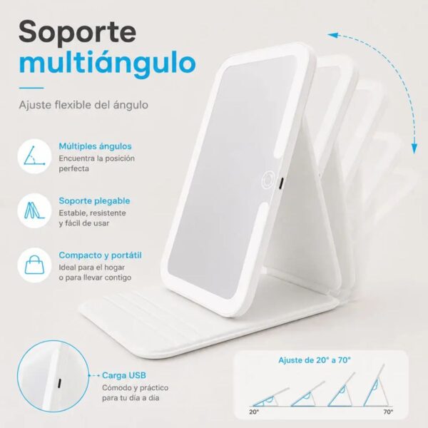 Espejo de Tocador Plegable con Iluminación LED de 3 Tonos de Luz y Ángulo Ajustable